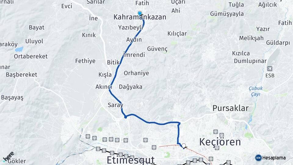 Ankara Kahramankazan Demetevler Yenimahalle Arası Kaç Km - Yol Haritası