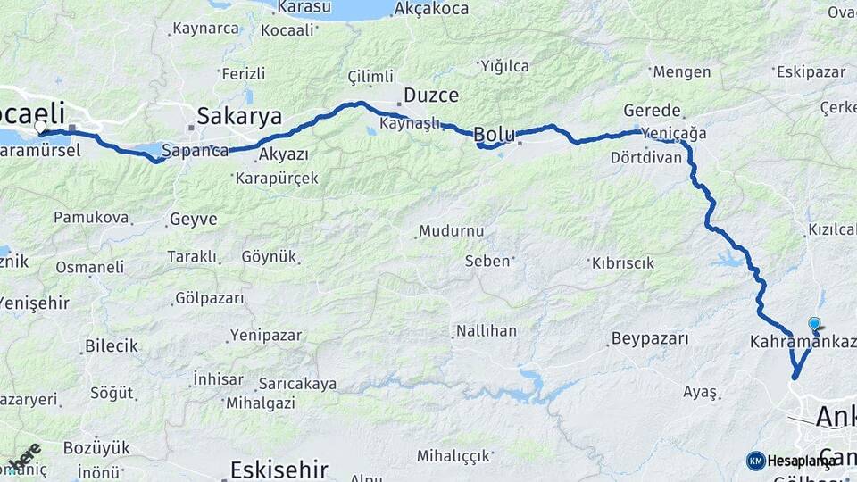 Ankara Kahramankazan Derince Kocaeli Arası Kaç Km - Yol Haritası