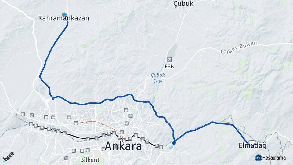 Ankara Kahramankazan Elmadağ Arası Kaç Km - Yol Haritası