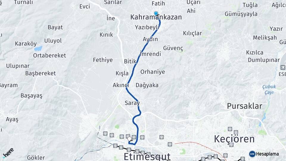 Ankara Kahramankazan Eryaman Etimesgut Arası Kaç Km - Yol Haritası