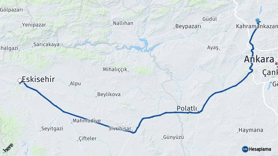 Ankara Kahramankazan Eskişehir Arası Kaç Km - Yol Haritası