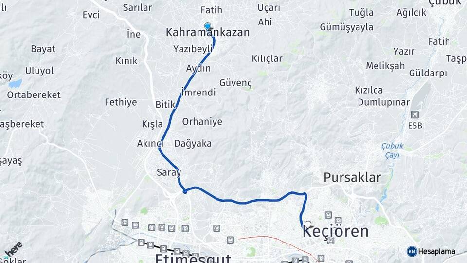 Ankara Kahramankazan Etlik Keçiören Arası Kaç Km - Yol Haritası