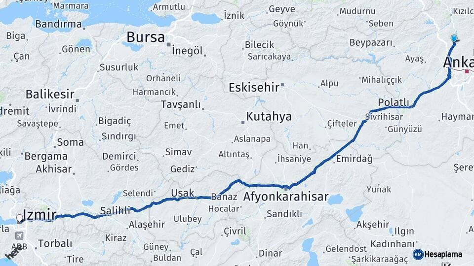 Ankara Kahramankazan İzmir Arası Kaç Km - Yol Haritası