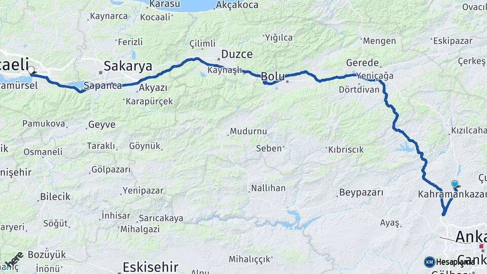 Ankara Kahramankazan İzmit Kocaeli Arası Kaç Km - Yol Haritası
