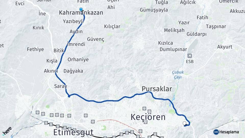 Ankara Kahramankazan Karapürçek Altındağ Arası Kaç Km - Yol Haritası