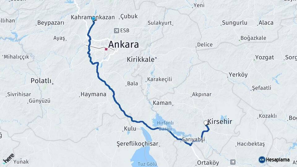Ankara Kahramankazan Kırşehir Arası Kaç Km - Yol Haritası