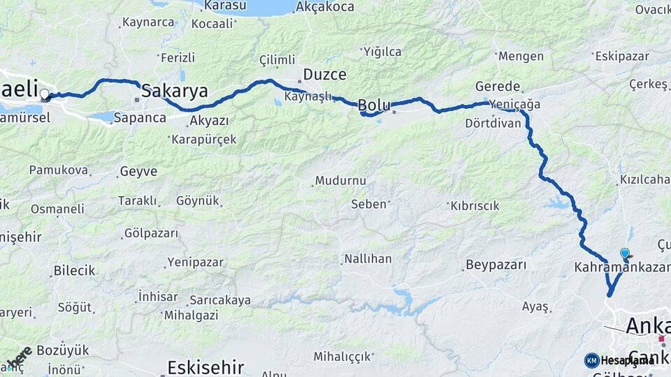 Ankara Kahramankazan Kocaeli Arası Kaç Km - Yol Haritası