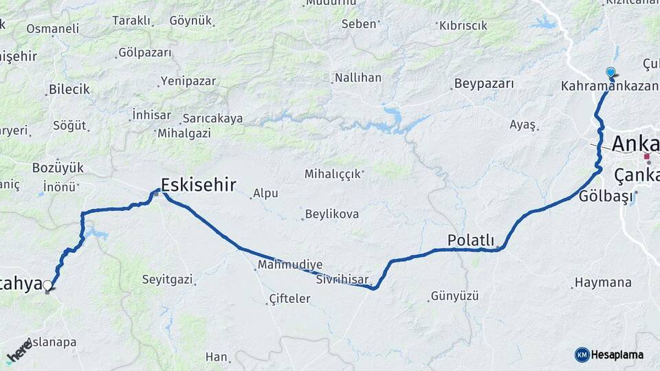 Ankara Kahramankazan Kütahya Arası Kaç Km - Yol Haritası