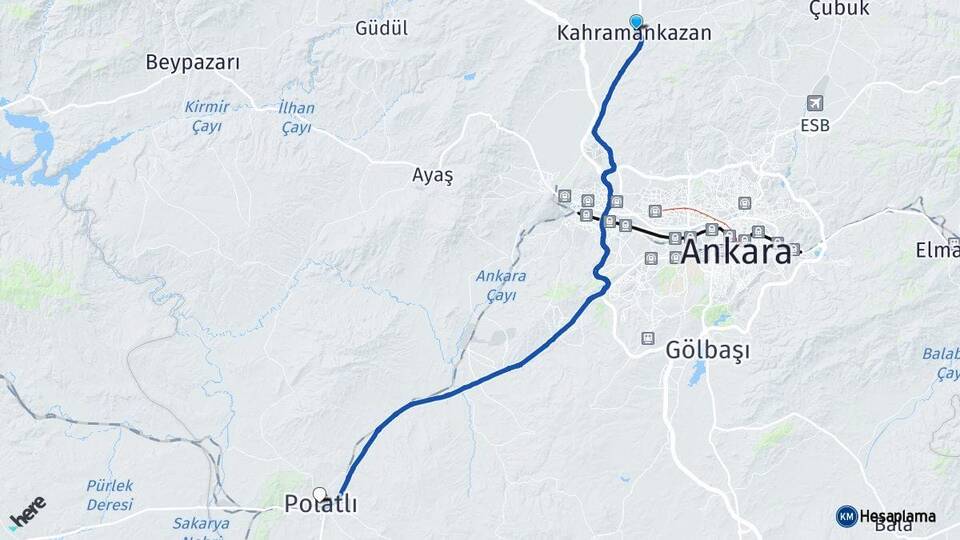 Ankara Kahramankazan Polatlı Arası Kaç Km - Yol Haritası