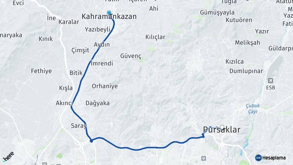 Ankara Kahramankazan Pursaklar Arası Kaç Km - Yol Haritası