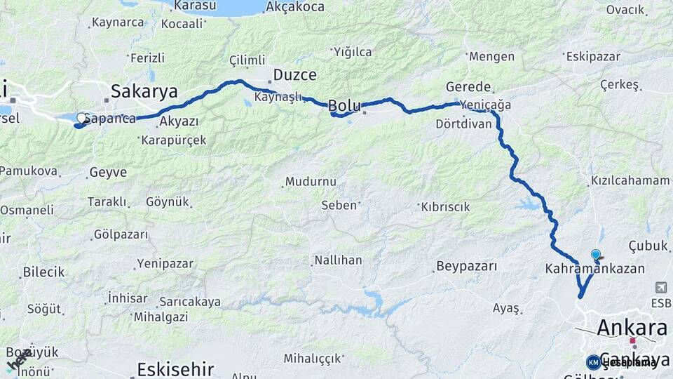 Ankara Kahramankazan Sapanca Sakarya Arası Kaç Km - Yol Haritası
