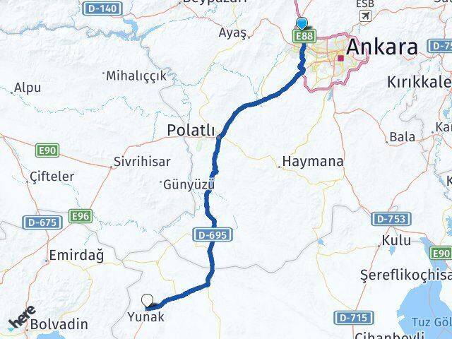 Ankara Kahramankazan Saray Yunak Konya Arası Kaç Km - Yol Haritası