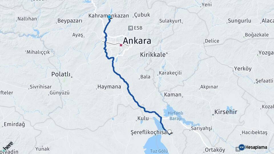 Ankara Kahramankazan Şereflikoçhisar Arası Kaç Km - Yol Haritası