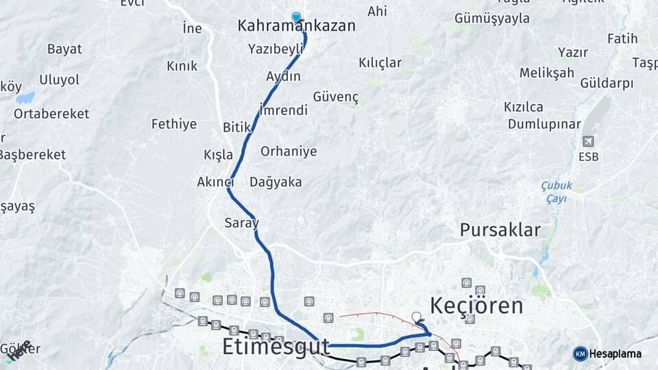 Ankara Kahramankazan Yenimahalle Arası Kaç Km - Yol Haritası