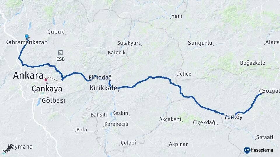 Ankara Kahramankazan Yozgat Arası Kaç Km - Yol Haritası