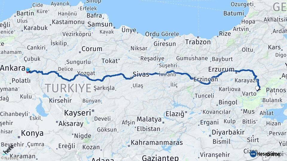 Ankara Karaçoban Erzurum Arası Kaç Km - Yol Haritası