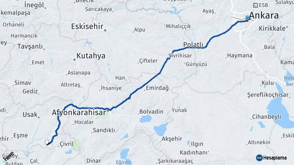 Ankara Karahallı Uşak Arası Kaç Km - Yol Haritası