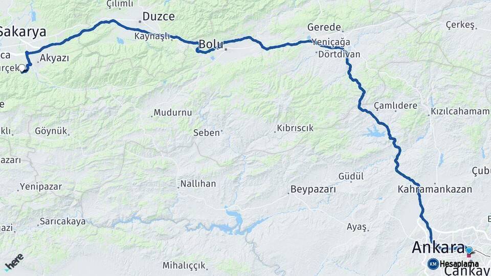 Ankara Karapürçek Sakarya Arası Kaç Km - Yol Haritası
