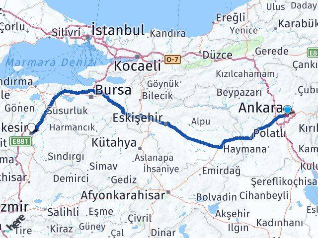 Ankara Karesi Balıkesir Arası Kaç Km - Yol Haritası