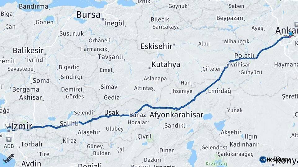 Ankara Karşıyaka İzmir Arası Kaç Km - Yol Haritası