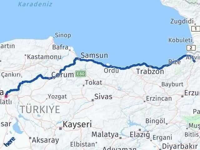 Ankara Keçiören Artvin Arası Kaç Km - Yol Haritası