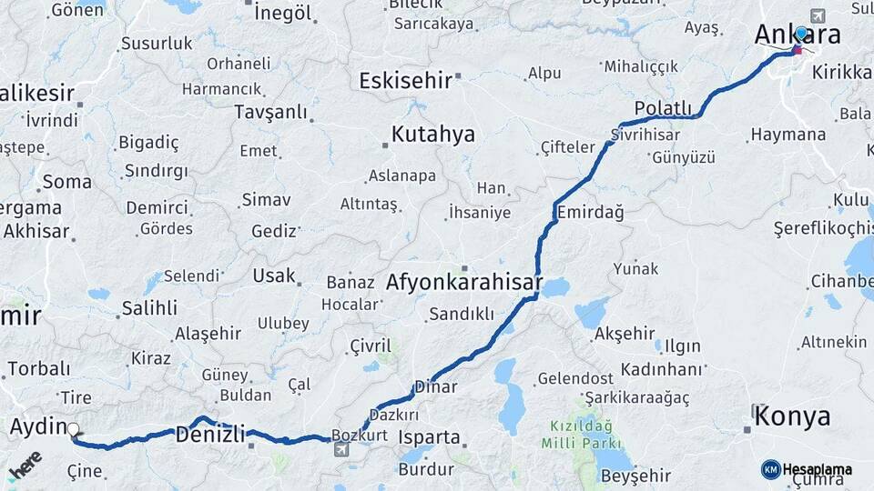 Ankara Keçiören Aydın Arası Kaç Km - Yol Haritası