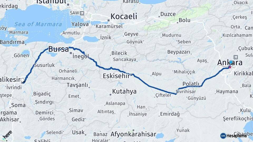 Ankara Keçiören Balıkesir Arası Kaç Km - Yol Haritası