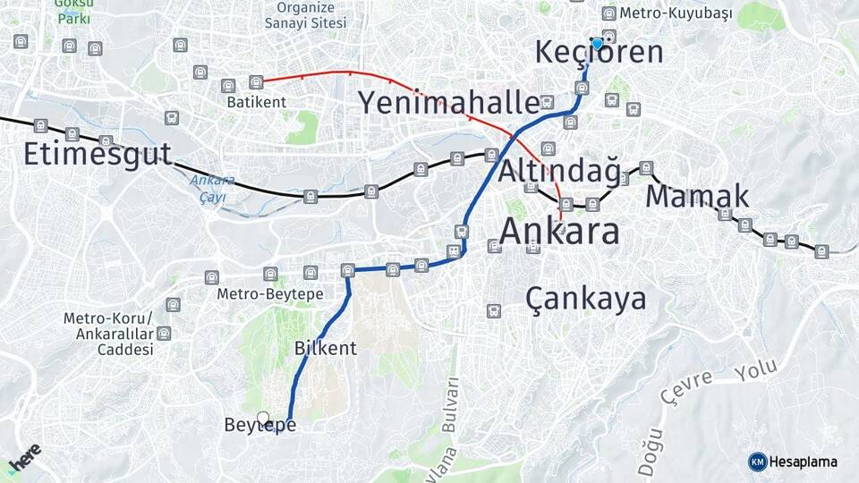 Ankara Keçiören Beytepe Çankaya Arası Kaç Km - Yol Haritası