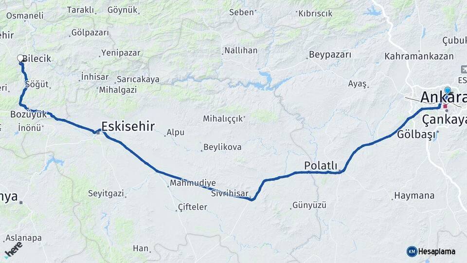 Ankara Keçiören Bilecik Arası Kaç Km - Yol Haritası