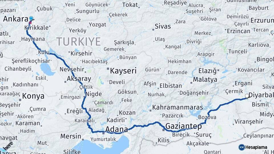 Ankara Keçiören Diyarbakır Arası Kaç Km - Yol Haritası