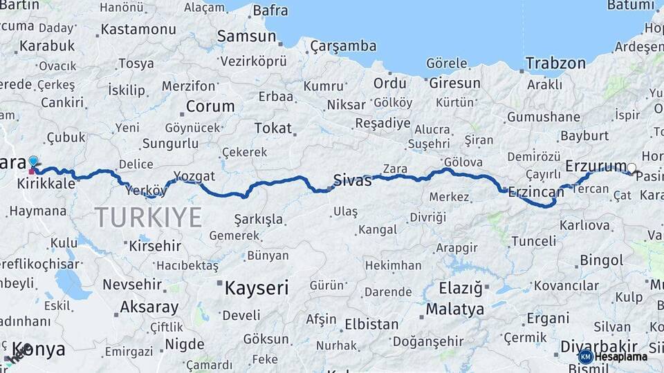 Ankara Keçiören Erzurum Arası Kaç Km - Yol Haritası