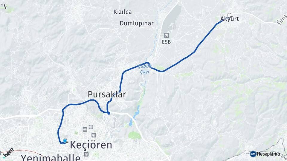 Ankara Keçiören Etlik Akyurt Arası Kaç Km - Yol Haritası