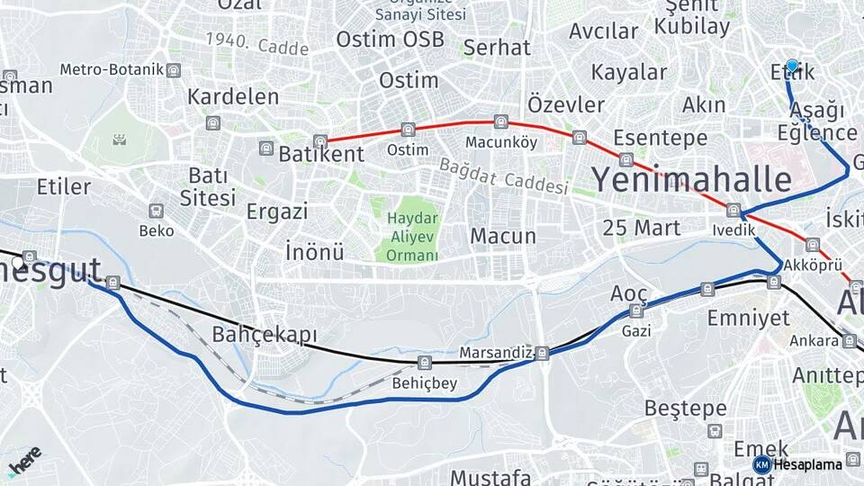 Ankara Keçiören Etlik Etimesgut Arası Kaç Km - Yol Haritası