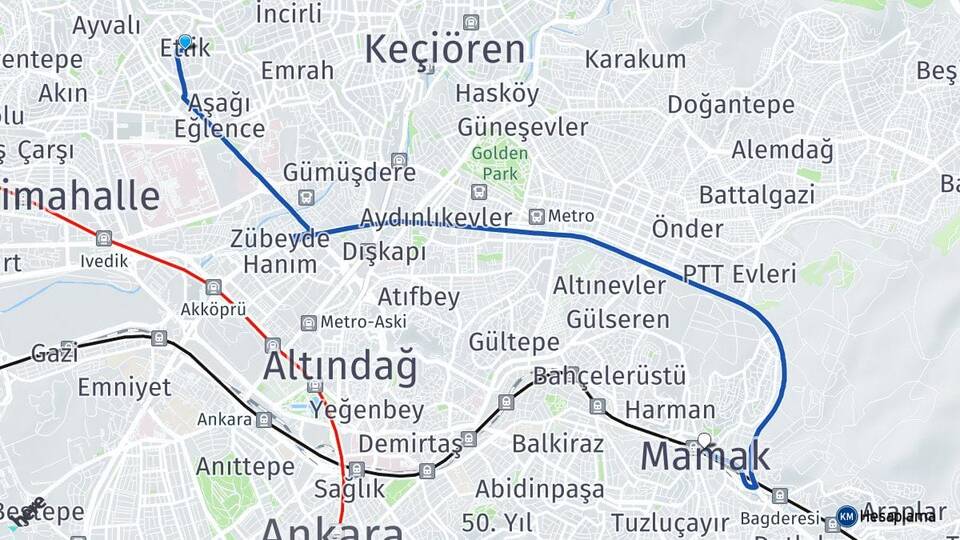Ankara Keçiören Etlik Mamak Arası Kaç Km - Yol Haritası