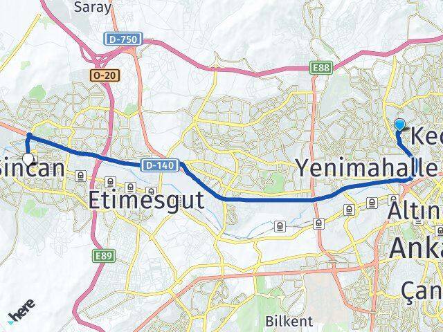 Ankara Keçiören Etlik Sincan Arası Kaç Km - Yol Haritası