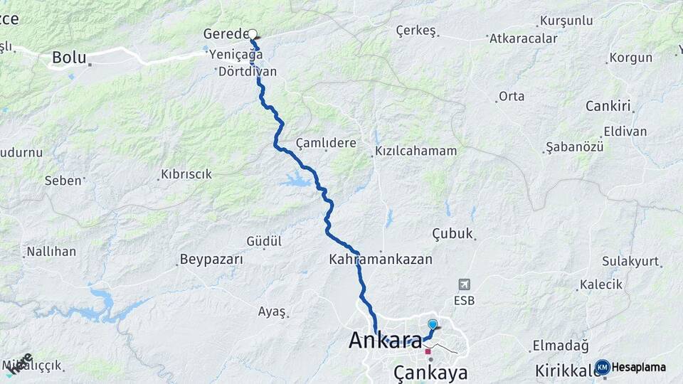 Ankara Keçiören Gerede Bolu Arası Kaç Km - Yol Haritası