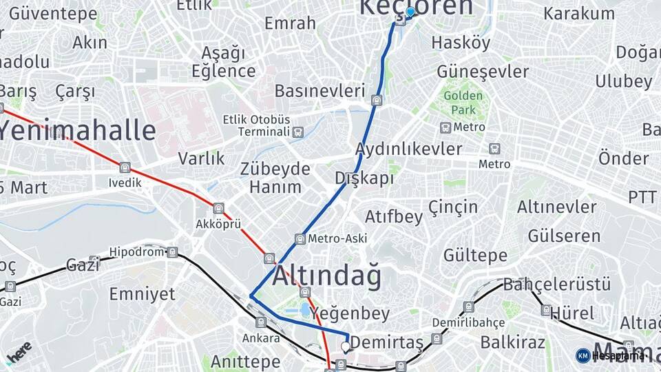 Ankara Keçiören Hacettepe Altındağ Arası Kaç Km - Yol Haritası