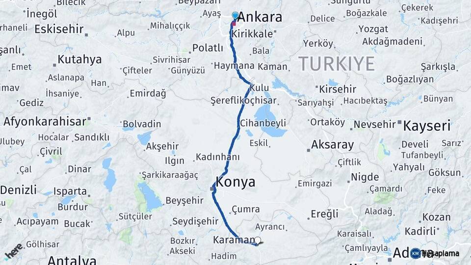 Ankara Keçiören Karaman Arası Kaç Km - Yol Haritası