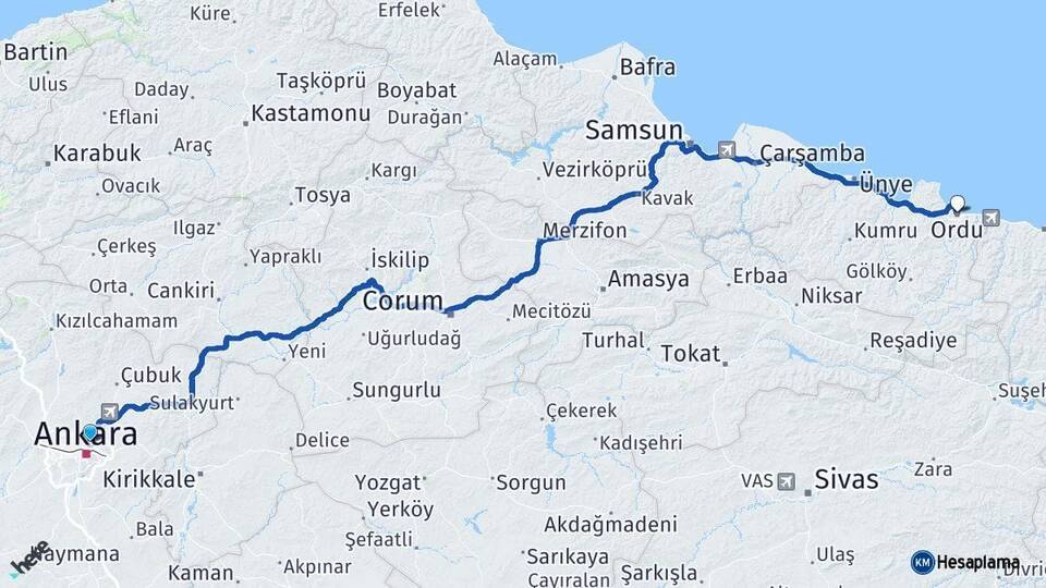 Ankara Keçiören Ordu Arası Kaç Km - Yol Haritası