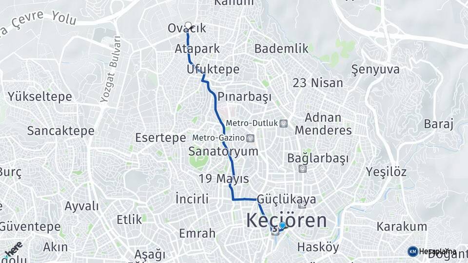 Ankara Keçiören Ovacık Keçiören Arası Kaç Km - Yol Haritası