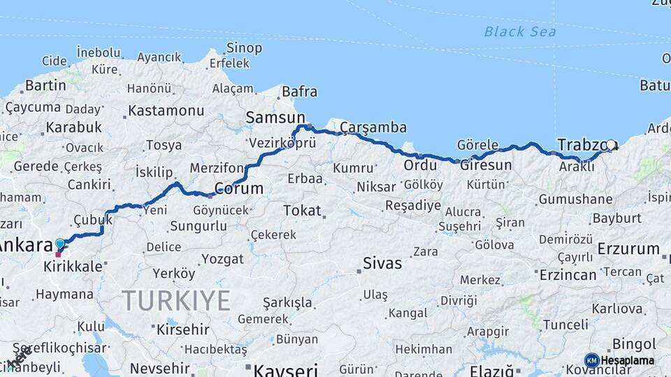 Ankara Keçiören Rize Arası Kaç Km - Yol Haritası