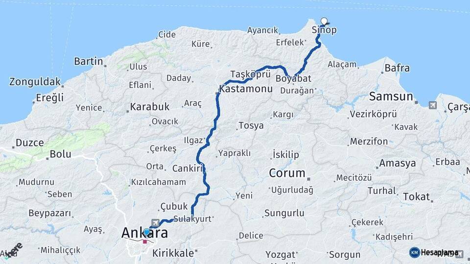 Ankara Keçiören Sinop Arası Kaç Km - Yol Haritası