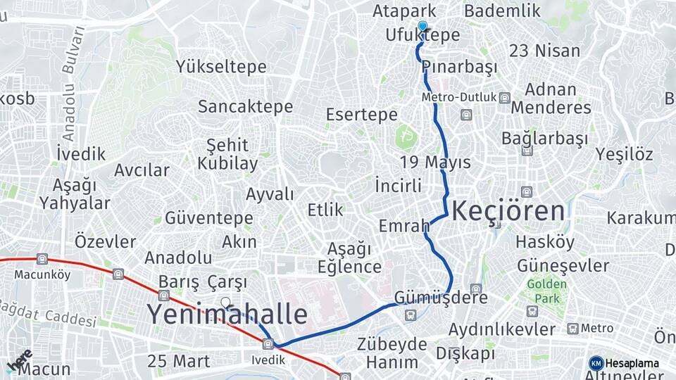 Ankara Keçiören Ufuktepe Yenimahalle Arası Kaç Km - Yol Haritası