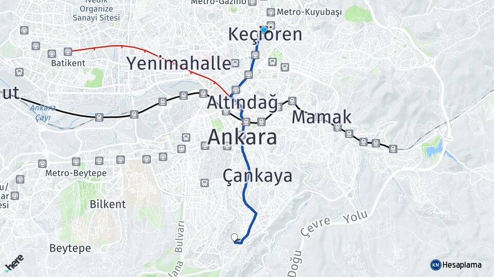 Ankara Keçiören Yukarı Dikmen Çankaya Arası Kaç Km - Yol Haritası