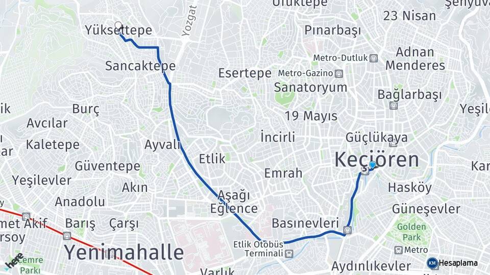 Ankara Keçiören Yükseltepe Keçiören Arası Kaç Km - Yol Haritası