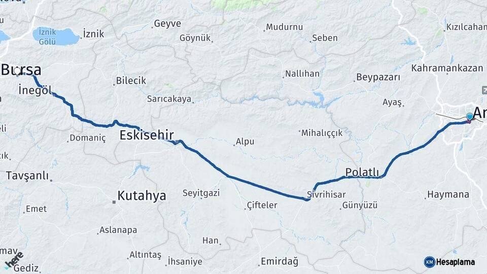 Ankara Kestel Bursa Arası Kaç Km - Yol Haritası