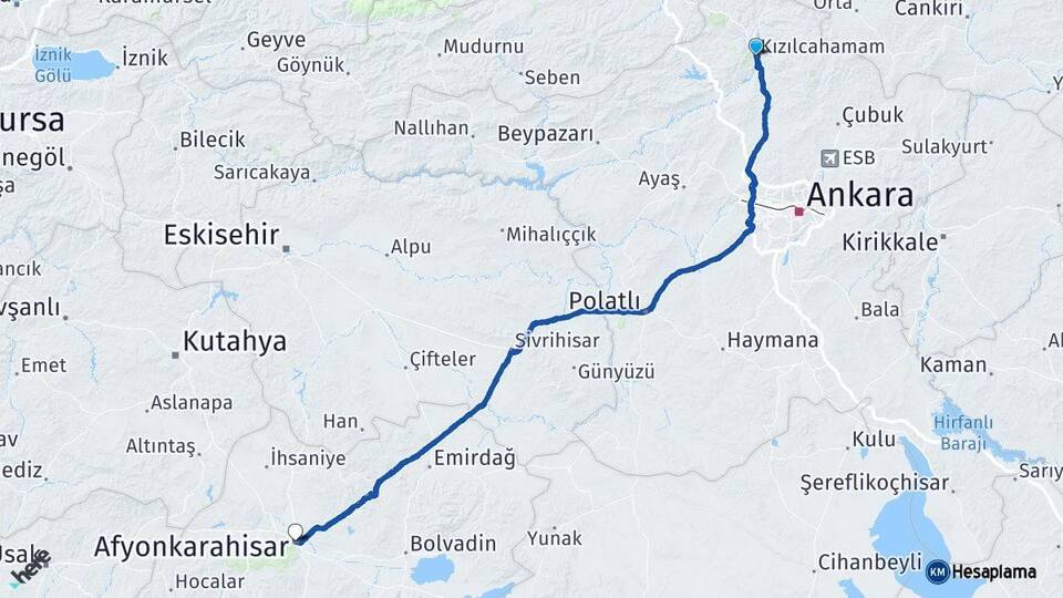 Ankara Kızılcahamam Afyonkarahisar Arası Kaç Km - Yol Haritası