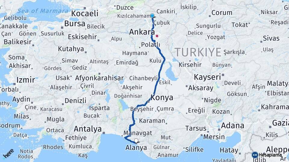 Ankara Kızılcahamam Alanya Antalya Arası Kaç Km - Yol Haritası