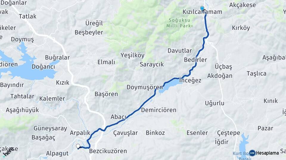Ankara Kızılcahamam Bağlıca Kızılcahamam Arası Kaç Km - Yol Haritası