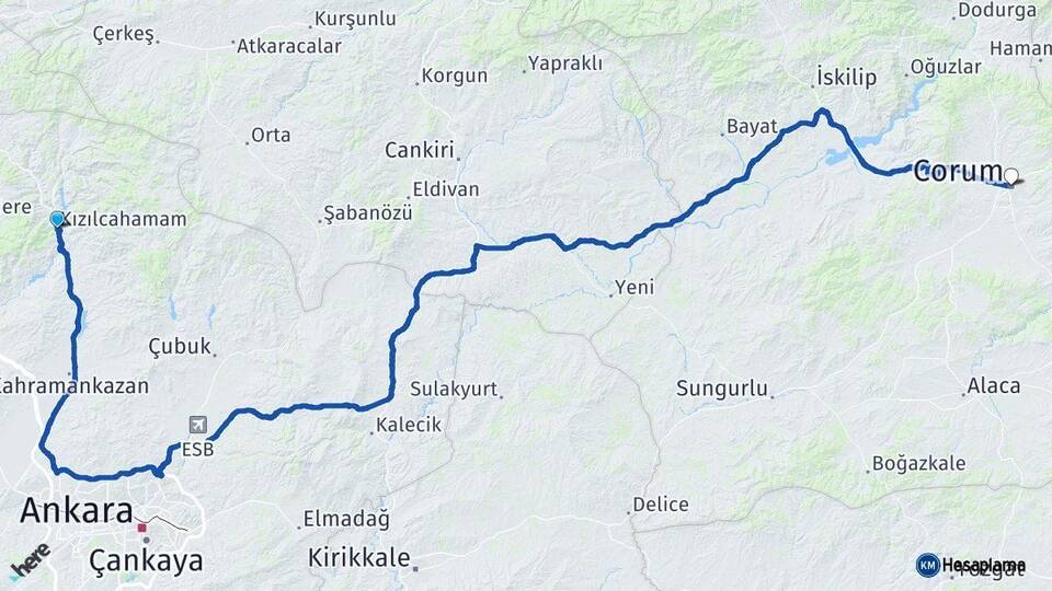 Ankara Kızılcahamam Çorum Arası Kaç Km - Yol Haritası